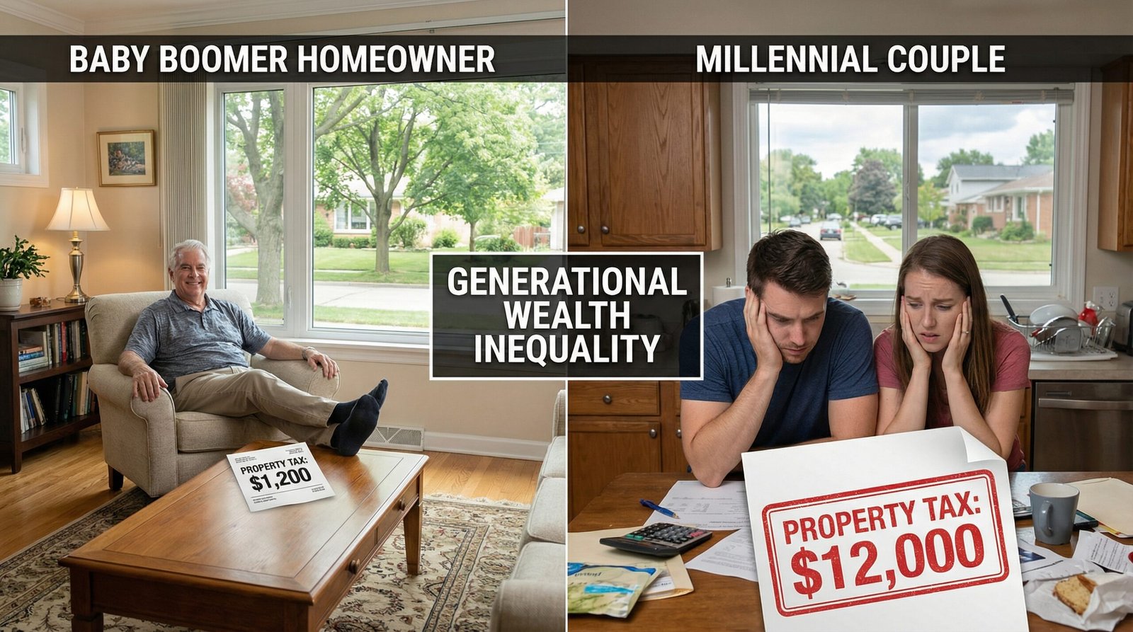 Baby Boomer homeowner with small tax bill versus stressed Millennial couple facing large property tax bill