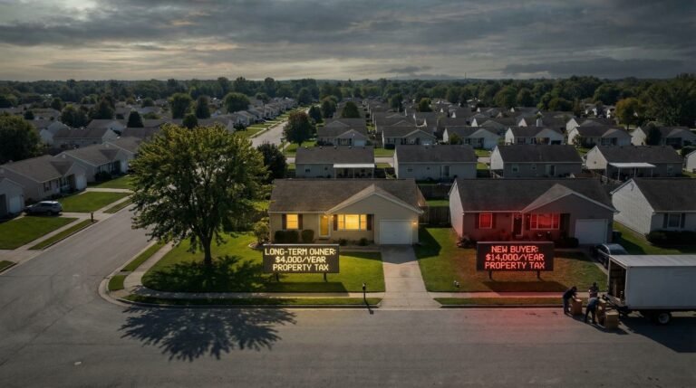 Identical houses side by side showing property tax disparities by state between new buyers and longtime homeowners