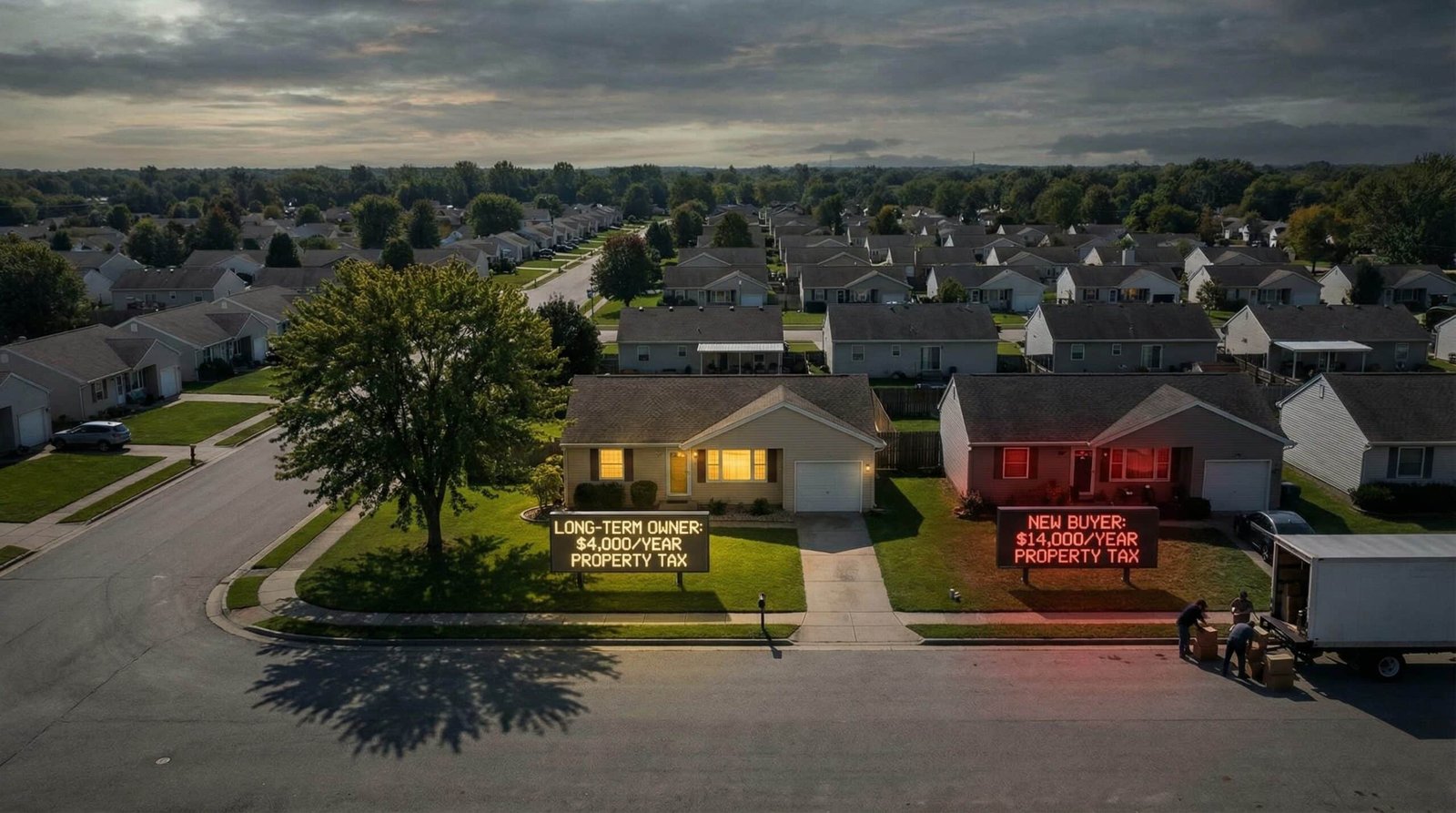 Identical houses side by side showing property tax disparities by state between new buyers and longtime homeowners