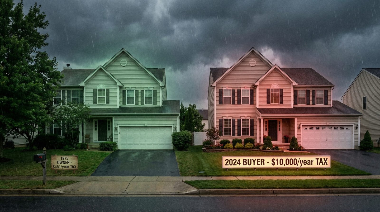 Same house different property tax bill showing 1975 owner paying $451 versus 2024 buyer paying $10,000 annually
