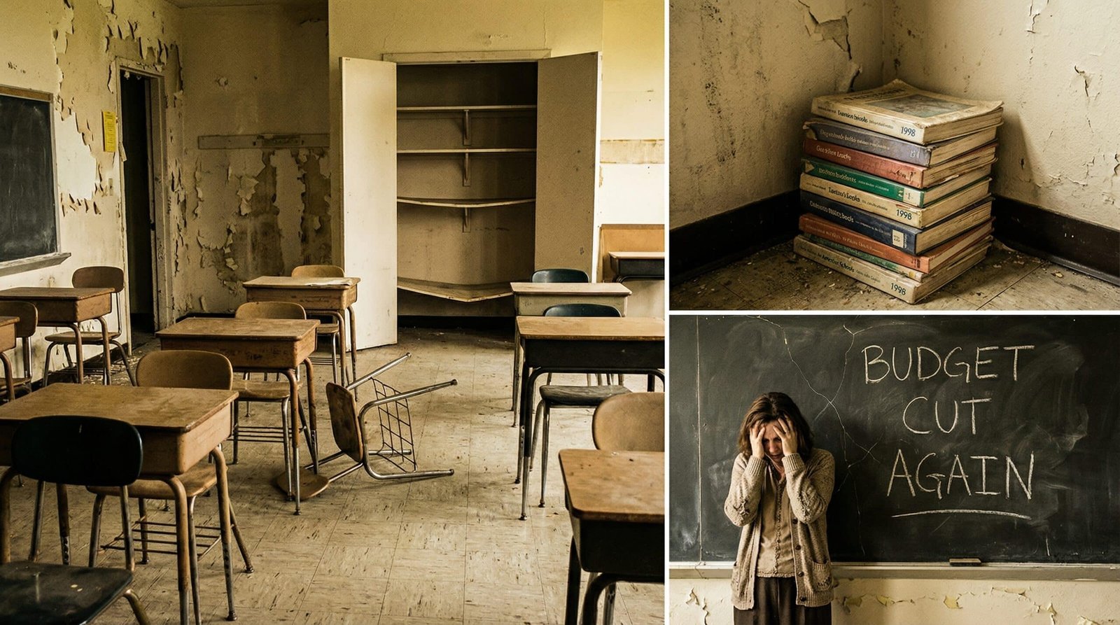 Underfunded public school classroom showing consequences of Prop 13 property tax cuts on education funding