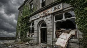 Crumbling state pension fund building representing the public pension crisis in underfunded states