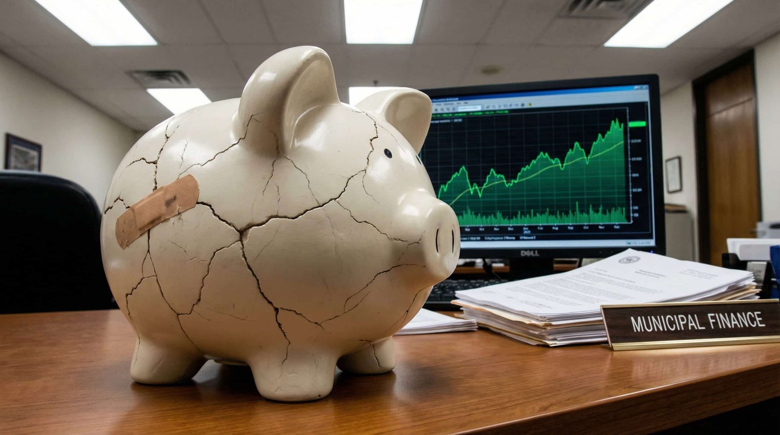 Cracked public pension fund piggy bank with small bandage showing partial improvement while deep structural problems in underfunded state pensions remain