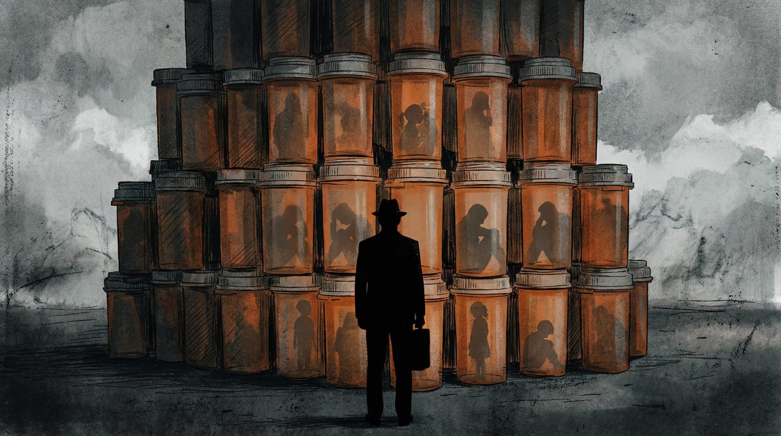 Silhouetted pharmaceutical executive standing before a wall of prescription pill bottles representing Purdue Pharma and the Sackler family