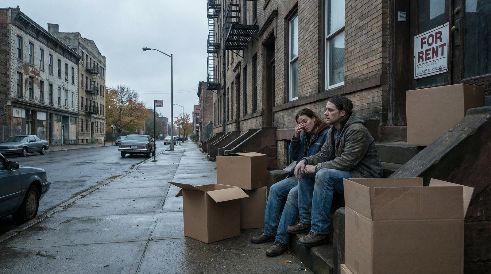 Young millennial couple stressed and exhausted outside rental apartment surrounded by moving boxes