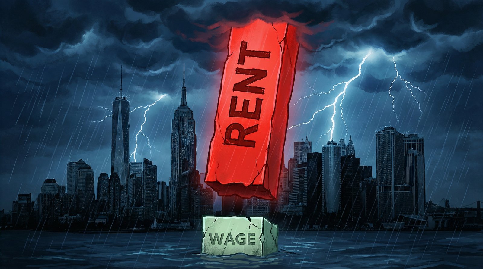 Chart showing US rent burden prices towering over stagnant wage growth since 2019 in major cities