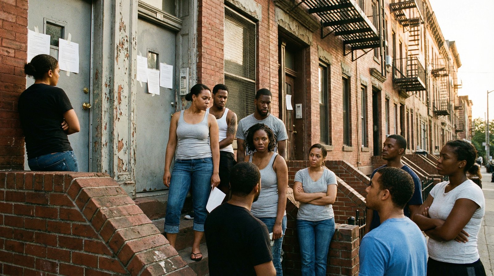 Young American renters facing rent increase notices outside apartments in urban setting