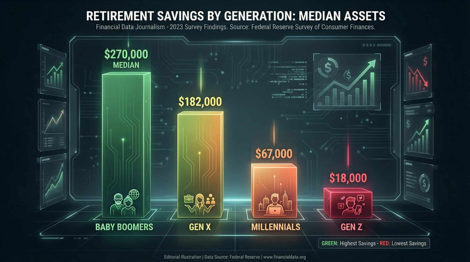 Retirement savings gap bar chart comparing Boomers Gen X Millennials and Gen Z 401k balances