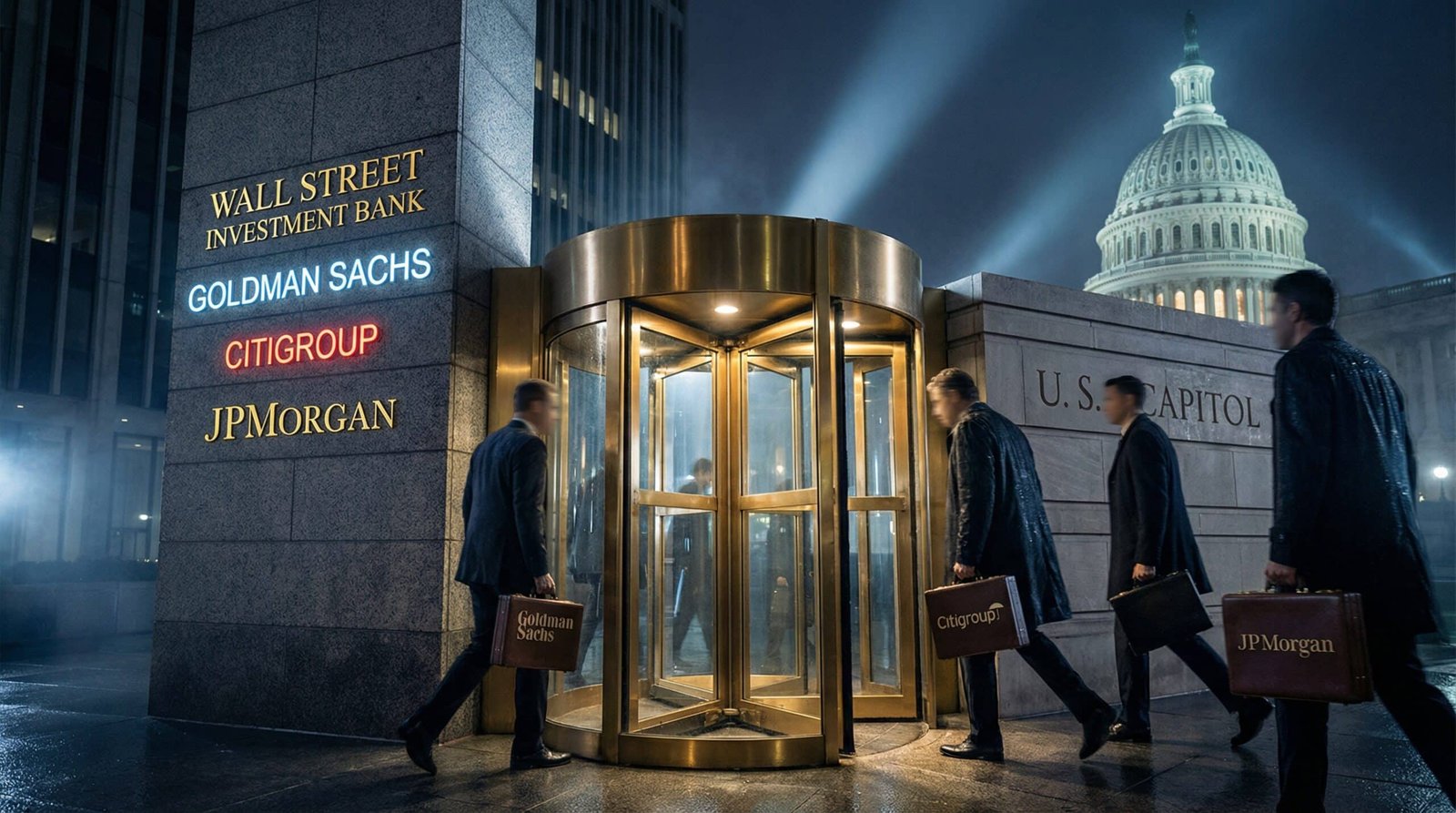 Revolving door between Wall Street banks Goldman Sachs Citigroup and US Capitol Washington DC