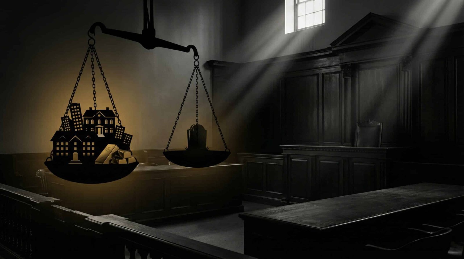 Scales of justice tilted heavily toward mansion and gold bars outweighing a single gravestone representing Sackler opioid settlement inequality