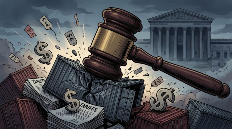 Supreme Court gavel crashing down on Trump SCOTUS tariff ruling shipping containers