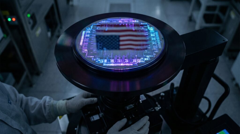 glowing semiconductor wafer with American flag reflection in high-tech cleanroom