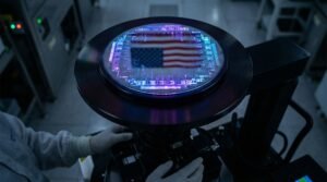 glowing semiconductor wafer with American flag reflection in high-tech cleanroom