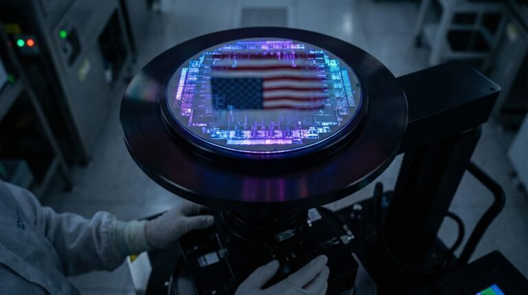 glowing semiconductor wafer with American flag reflection in high-tech cleanroom