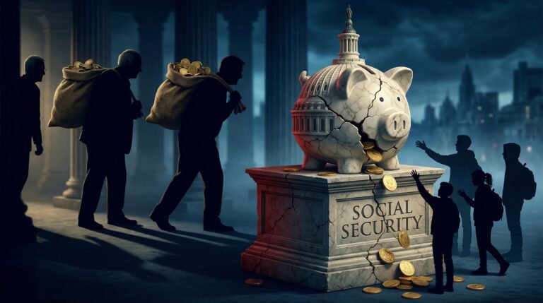 Social security cuts millennials face illustrated by a crumbling Capitol-shaped piggy bank with coins spilling out while younger generations reach for empty remains