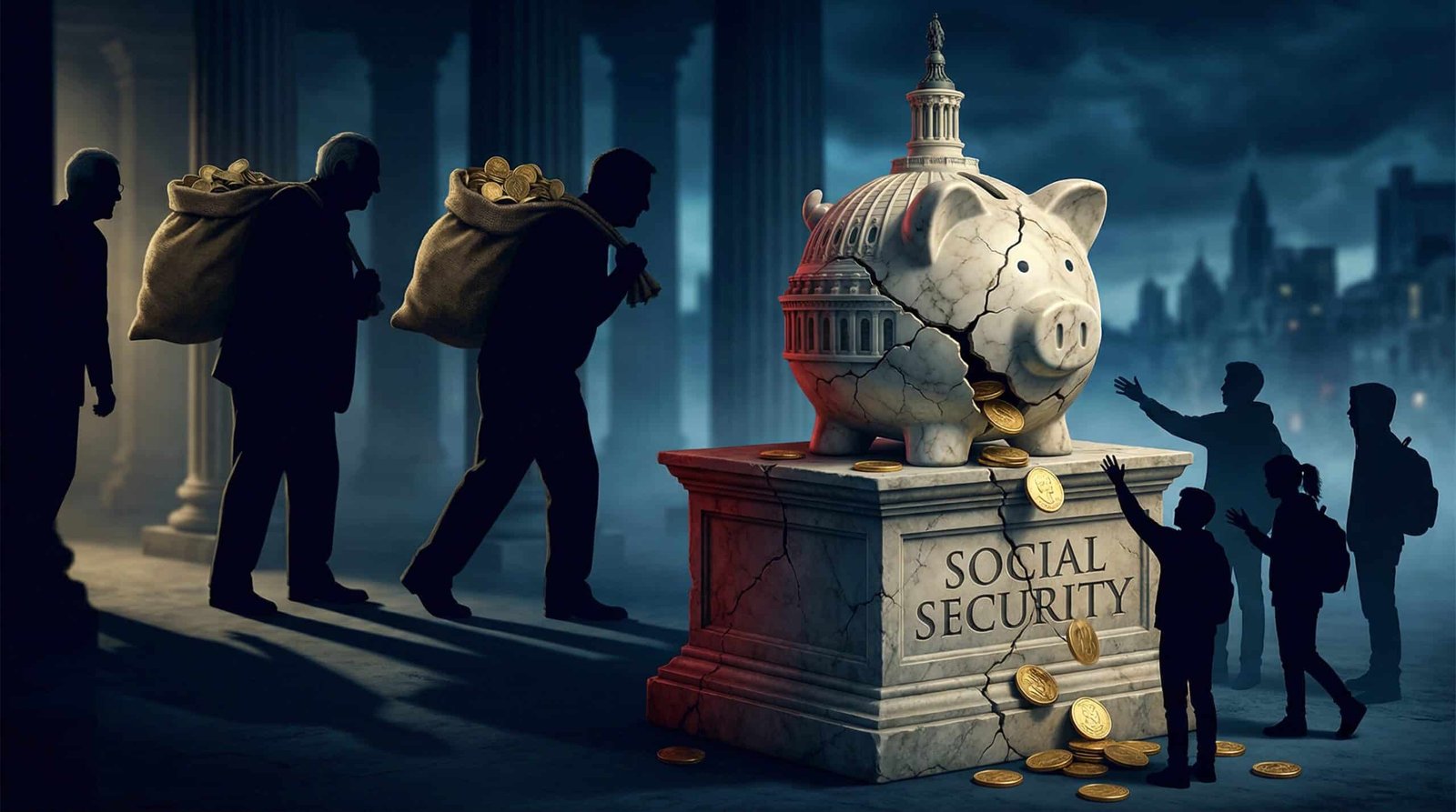 Social security cuts millennials face illustrated by a crumbling Capitol-shaped piggy bank with coins spilling out while younger generations reach for empty remains
