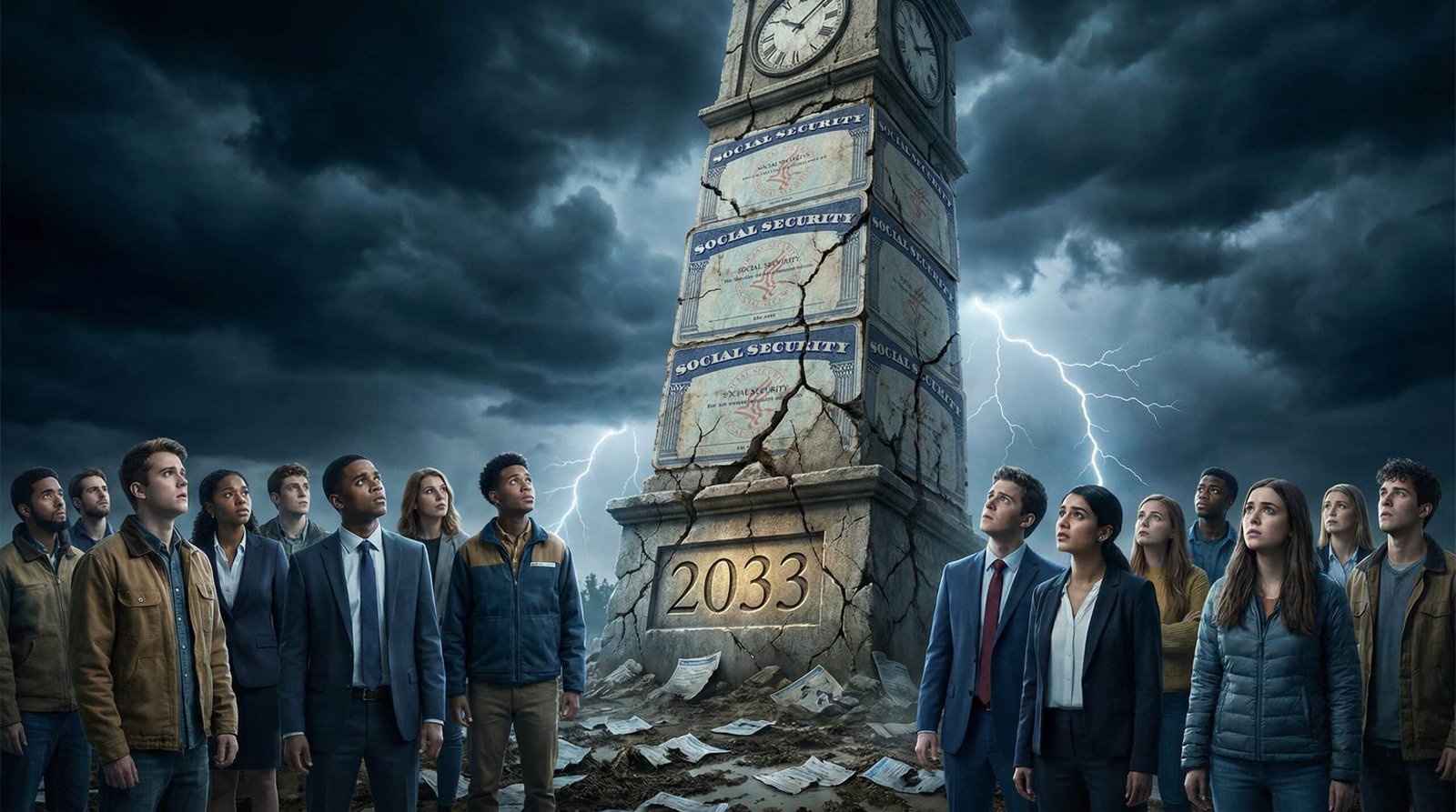 Crumbling Social Security clock tower showing 2033 insolvency date surrounded by worried millennials
