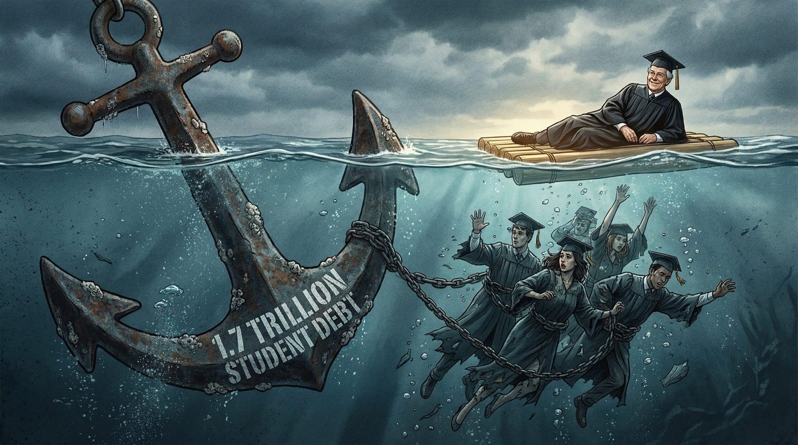 Student debt 1.7 trillion anchor drowning millennial and Gen Z graduates in cap and gown