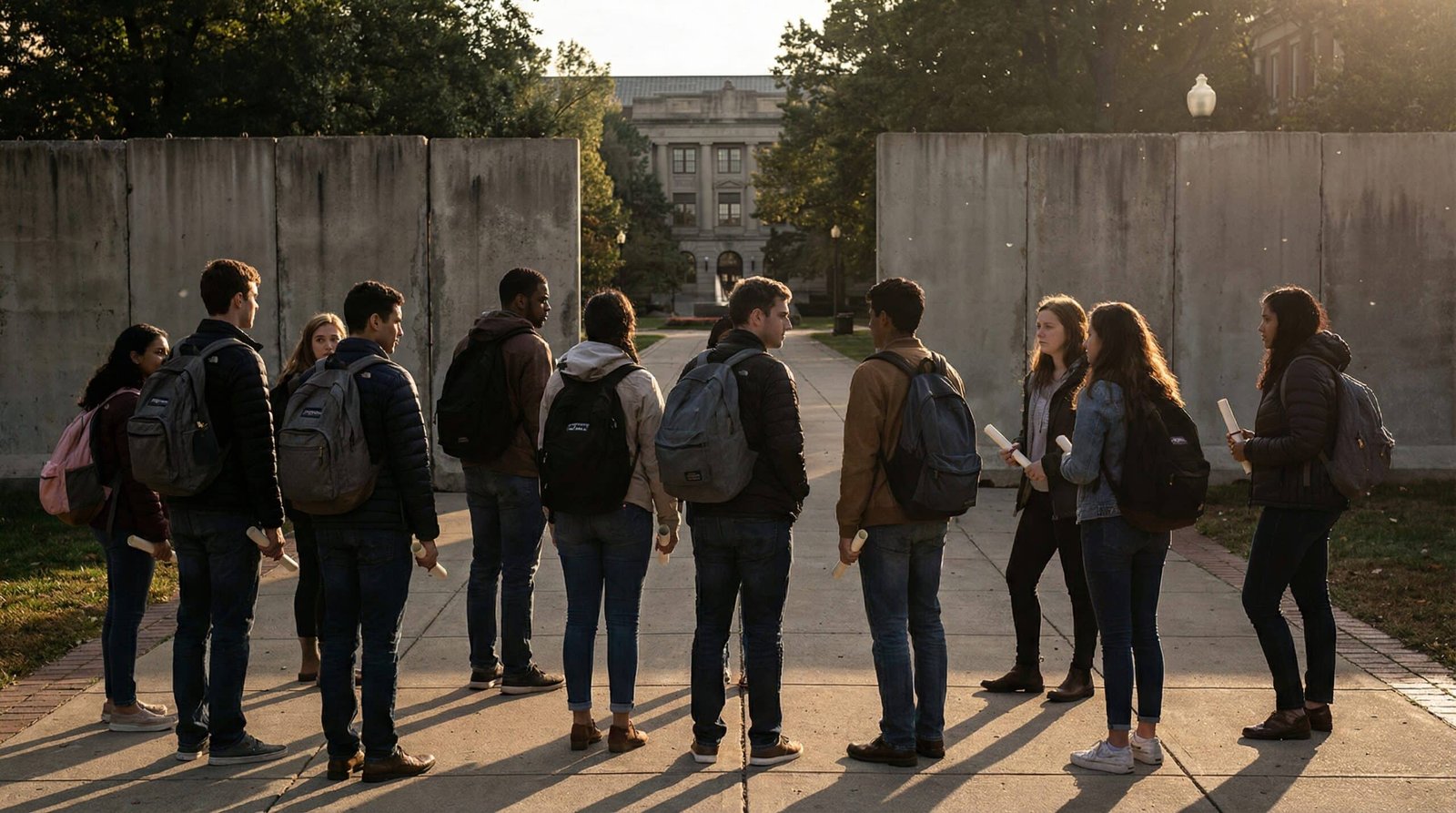 Diverse graduate students blocked by concrete wall representing federal student loan borrowing caps