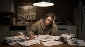 Millennial sitting at kitchen table surrounded by student loan default notices and collection bills