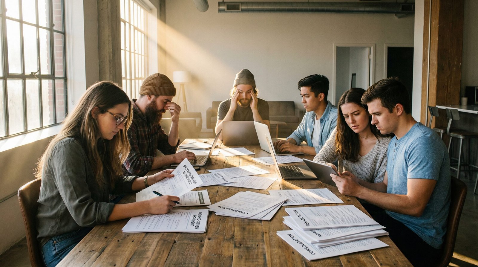 Diverse millennials and Gen Z reviewing income-driven repayment and rehabilitation documents to escape the student loan default crisis