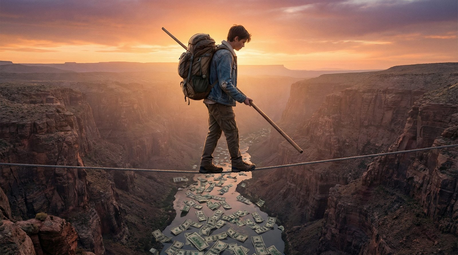 Young person balancing on tightrope above canyon representing student loan debt versus income burden