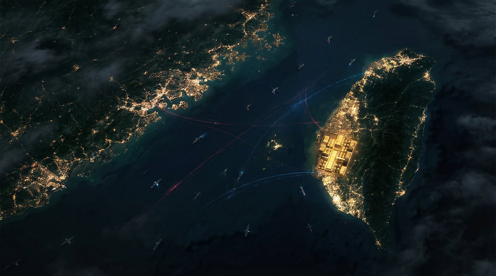 Taiwan Strait at night showing TSMC chip manufacturing geopolitical risk near China