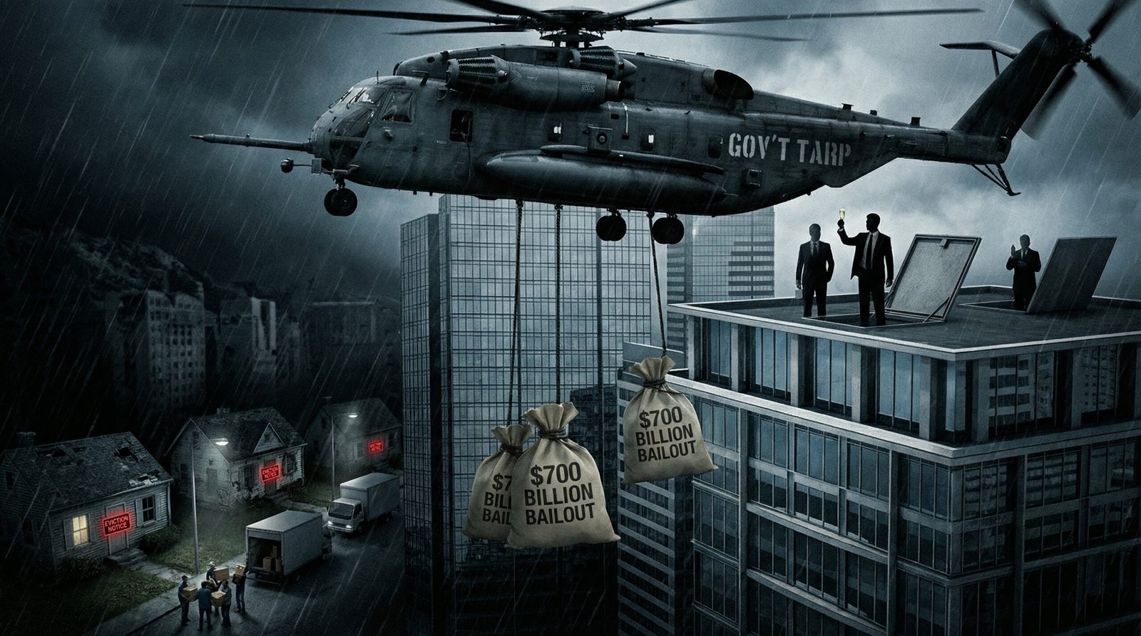 TARP 700 billion dollar bailout helicopter dropping money to banks while families face foreclosure