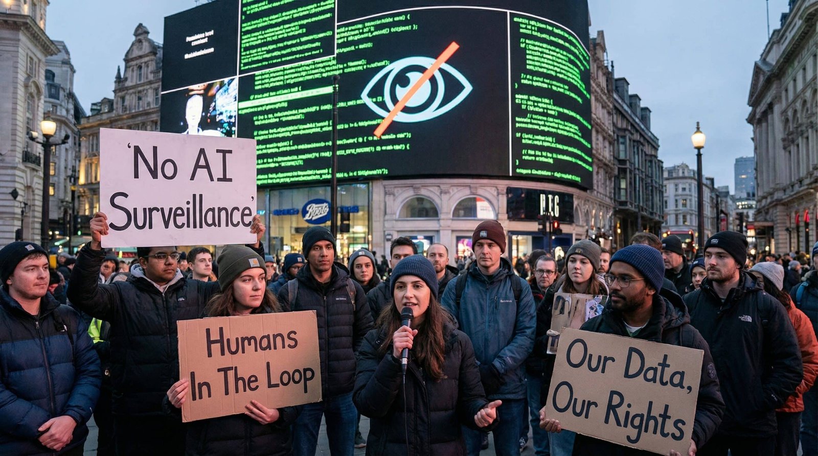 Tech workers and Americans protest AI surveillance and autonomous weapons with no domestic spying signs