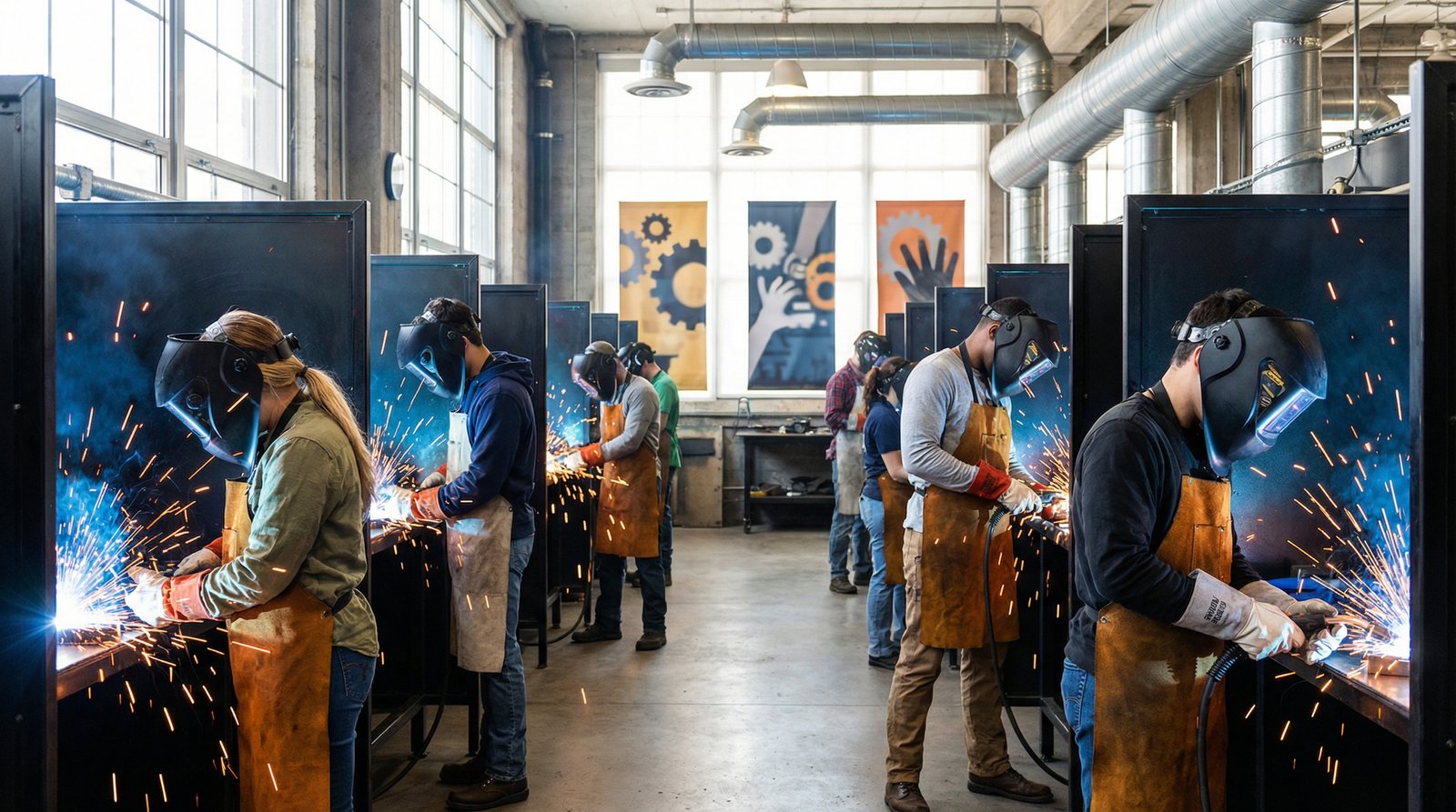 Modern trade school welding class with young adults learning skilled trades representing vocational training revival 2026