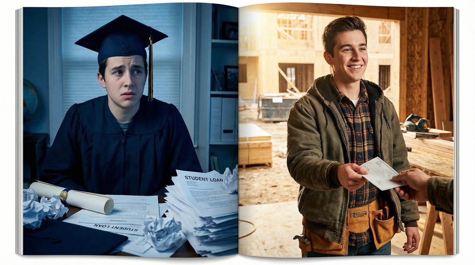 Trade school graduate versus college graduate salary and student debt comparison showing vocational training ROI