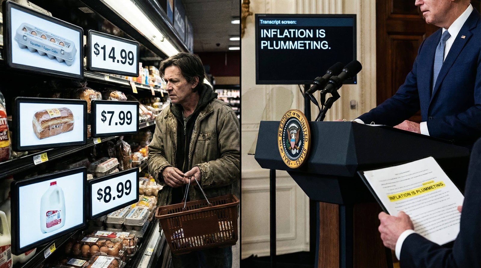 Split image showing high grocery prices vs Trump claim inflation is plummeting in SOTU 2026