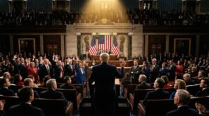 Trump delivering State of the Union 2026 to divided Congress chamber half standing half seated