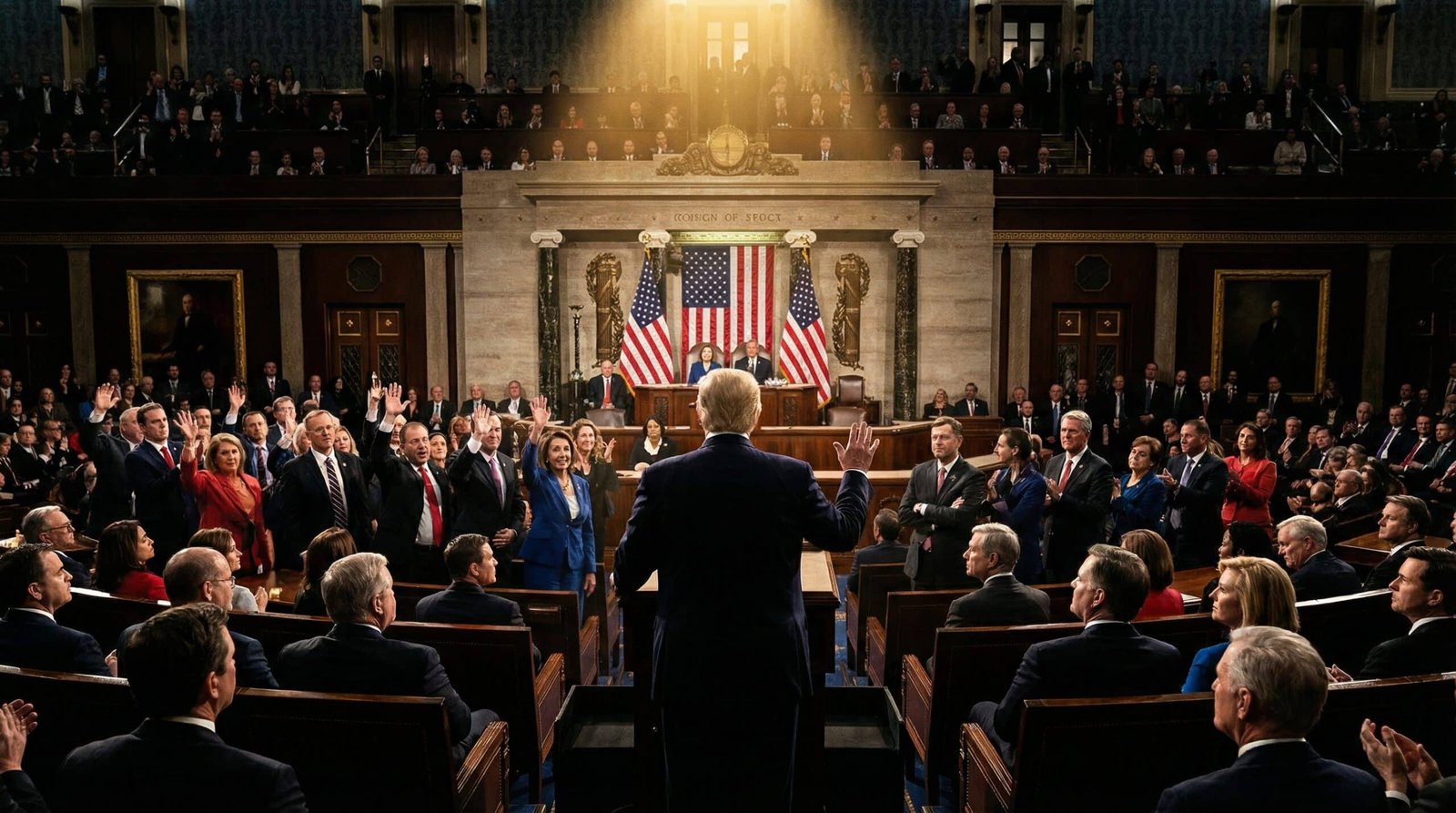 Trump delivering State of the Union 2026 to divided Congress chamber half standing half seated