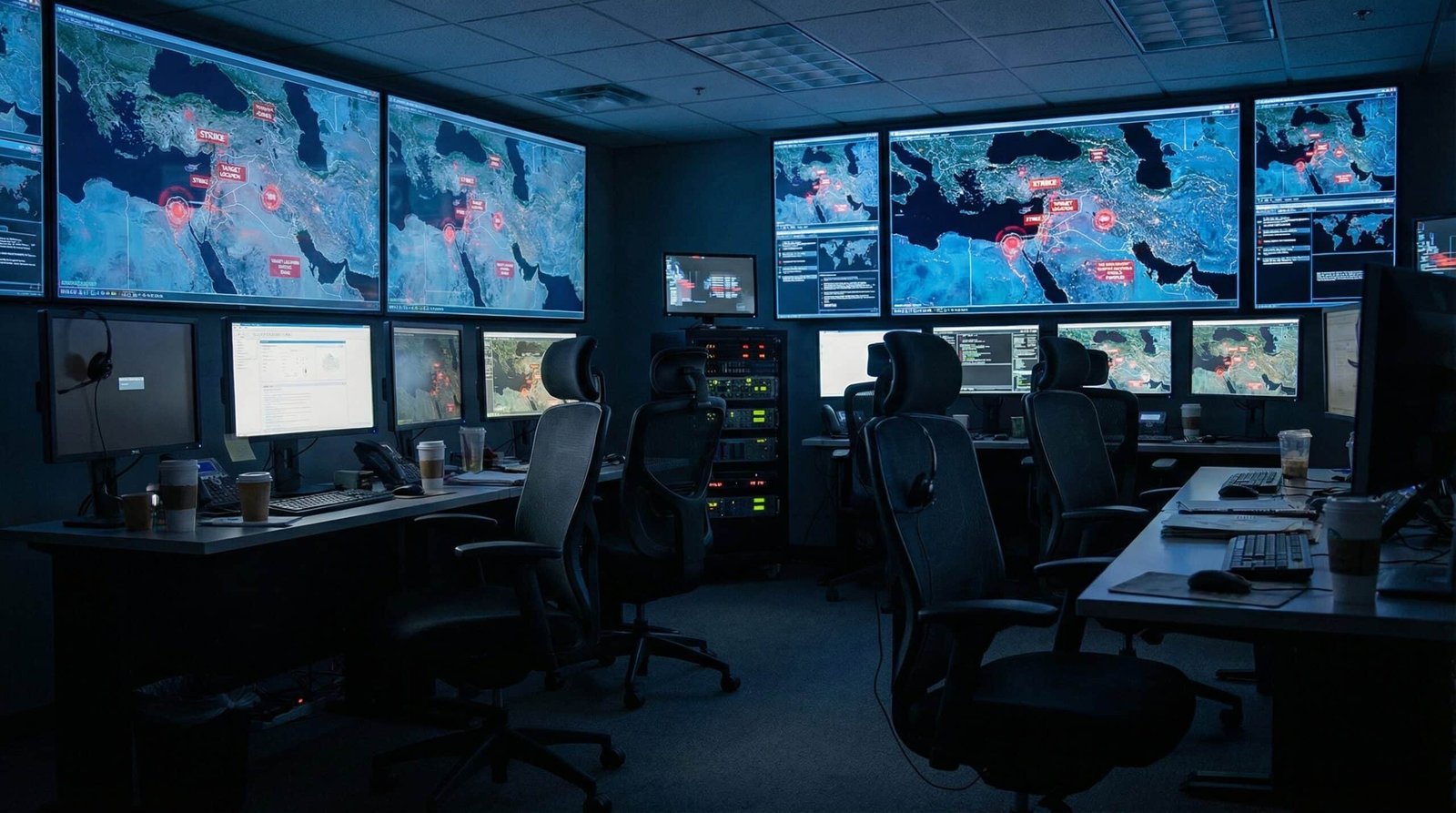 US military command center tactical screens showing Middle East strike planning for Operation Shield of Judah