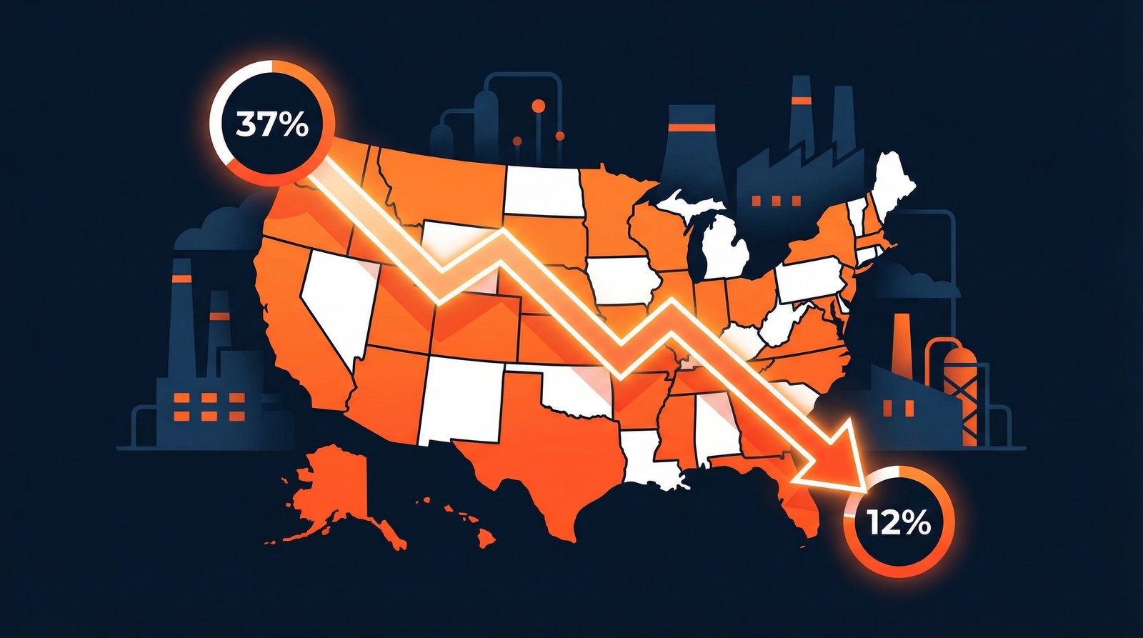 map showing US semiconductor manufacturing share collapse from 37 percent to 12 percent