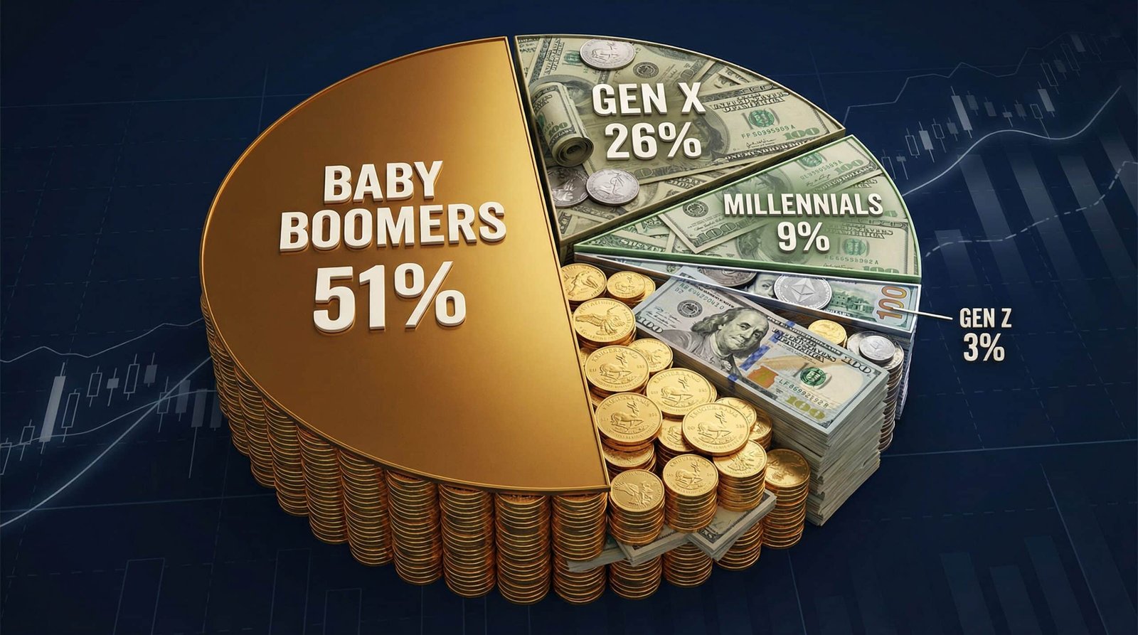 Pie chart showing Baby Boomers own 51 percent of all US wealth compared to millennials who own just 9 percent