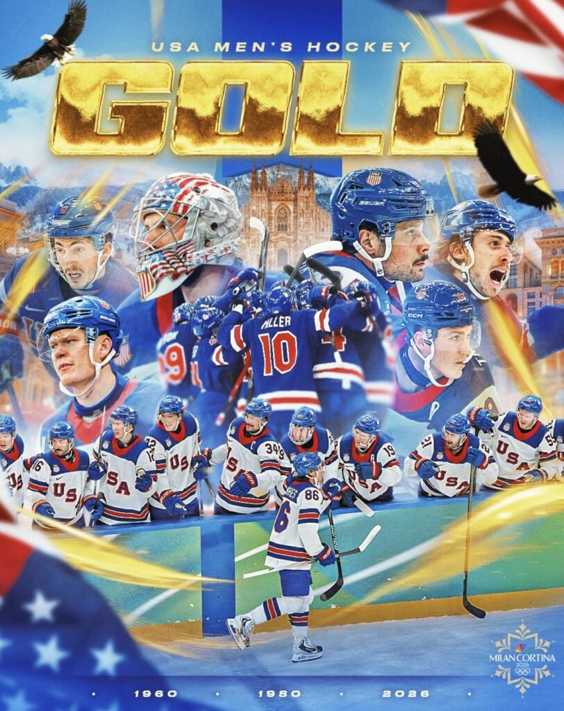 USA Men's Hockey gold medal graphic celebrating 1960, 1980, and 2026 Olympic gold medals at Milano Cortina