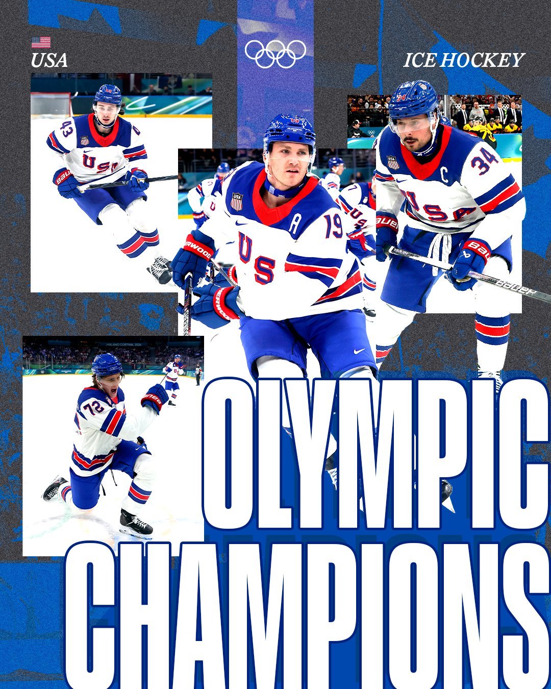 Olympic Champions graphic celebrating USA Ice Hockey players at the 2026 Milano Cortina Winter Games