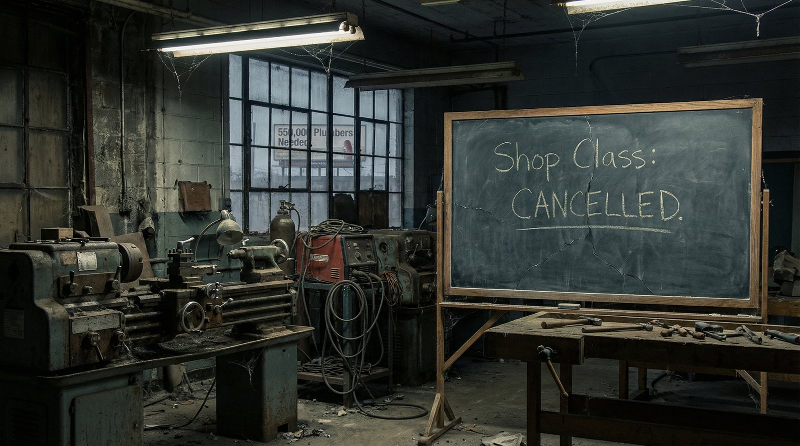 Abandoned vocational training workshop in American high school showing dusty tools and cancelled shop class