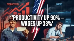 Wage stagnation vs productivity gap infographic showing productivity up 90% wages up 33% since 1979