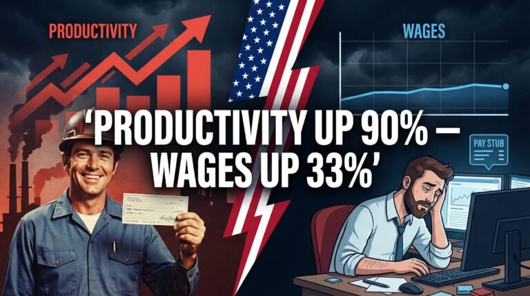 Wage stagnation vs productivity gap infographic showing productivity up 90% wages up 33% since 1979