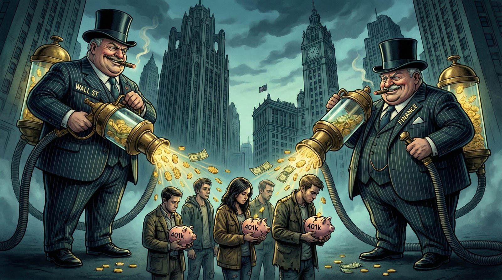 Wall Street financial industry siphoning money from millennial 401k retirement accounts illustration