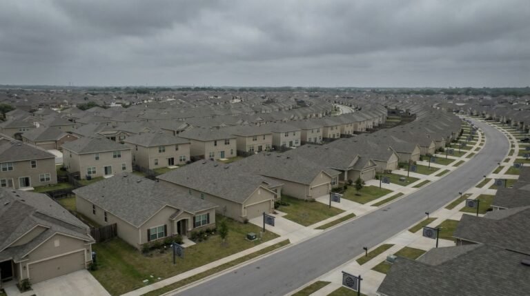 Aerial view of suburban neighborhood with corporate landlord homes stretching to the horizon