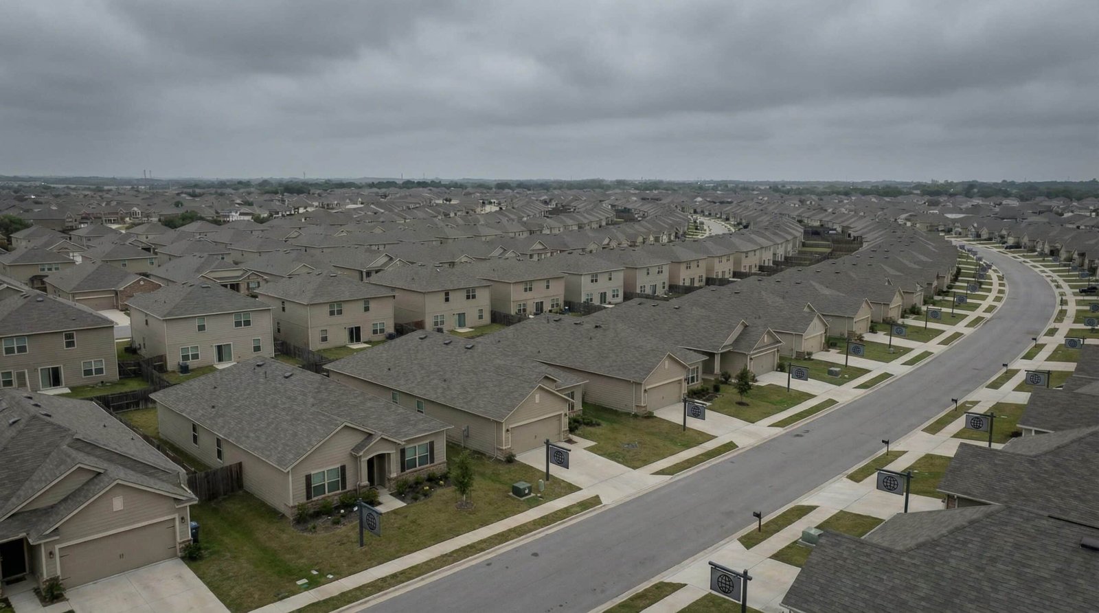 Aerial view of suburban neighborhood with corporate landlord homes stretching to the horizon