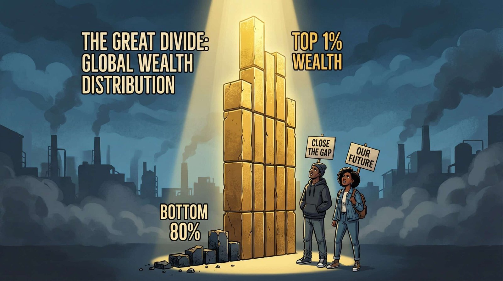 Wealth gap chart showing top 1 percent controlling capital gains versus younger generation workers