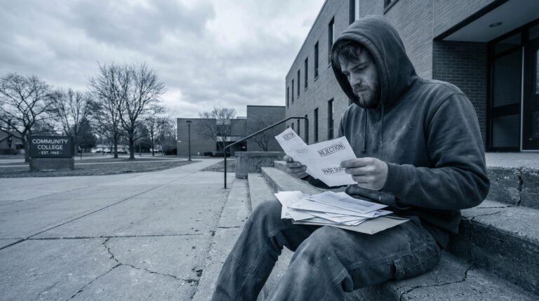 Young working-class man sitting outside a community college priced out of higher education