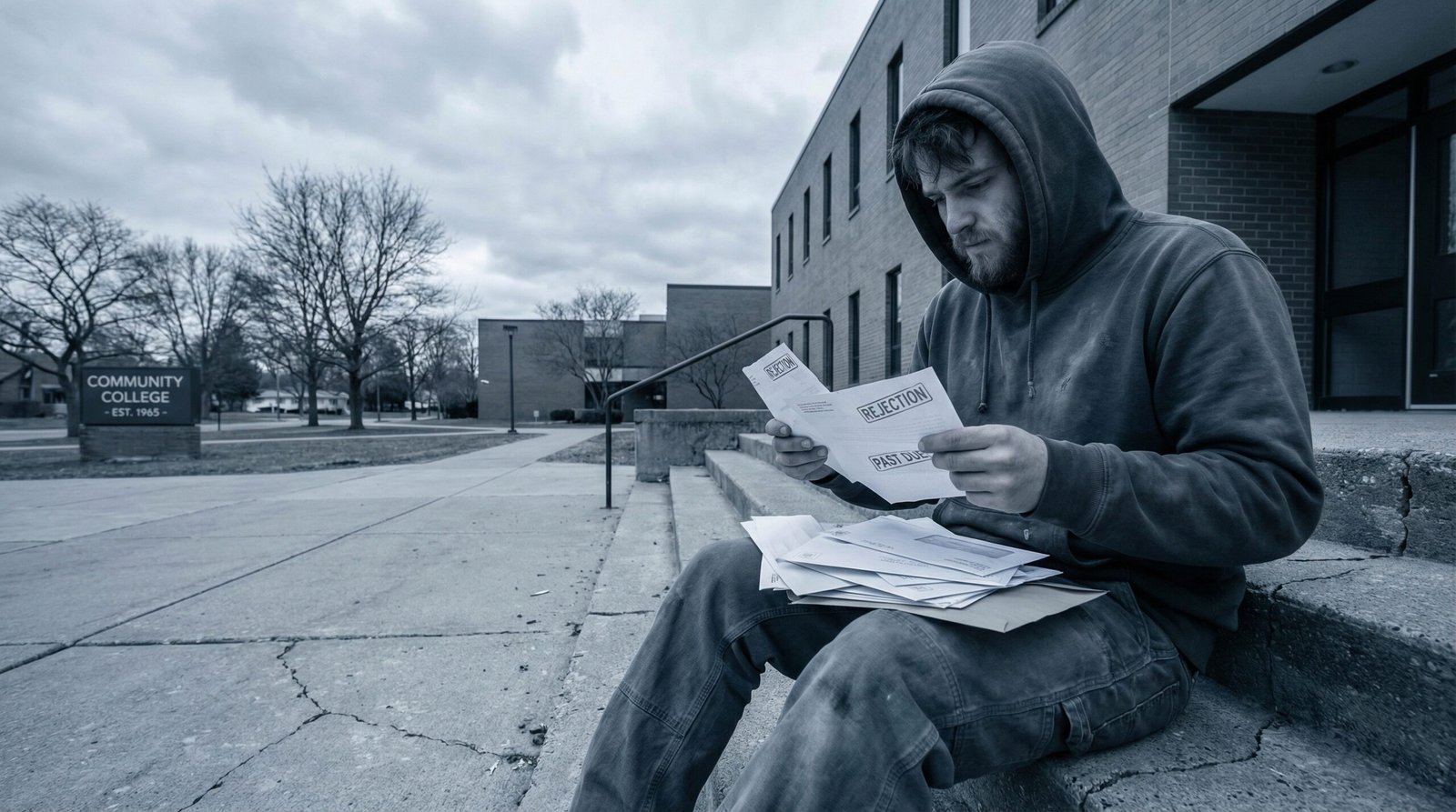 Young working-class man sitting outside a community college priced out of higher education