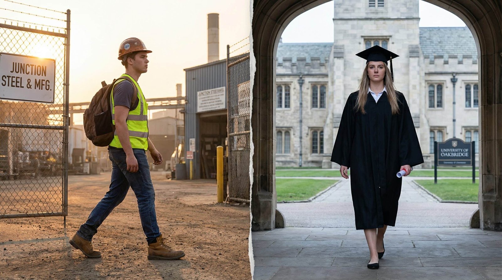 Split image showing diverging paths for young men entering trade work versus women entering college