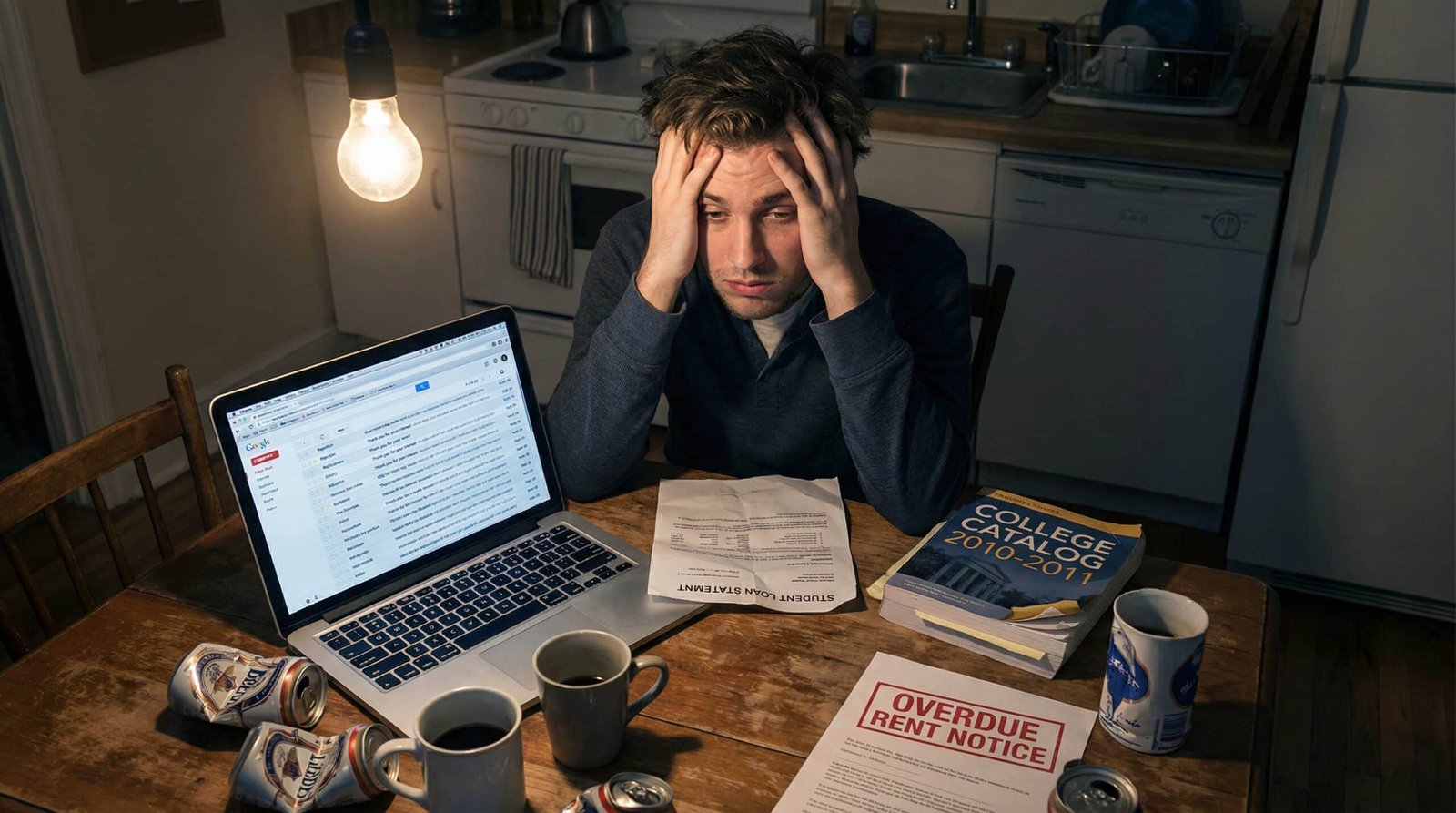 Young man at kitchen table late at night surrounded by student loan statements and job rejection emails